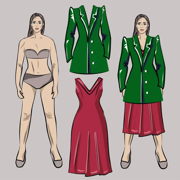 Flicka Docka Med Uppsättning Kläder Kapsel Grundläggande Garderob För Kvinna — Stock vektor