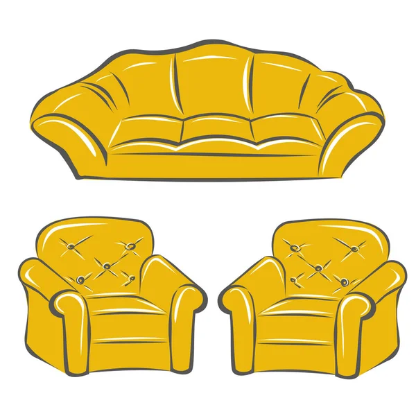 Sofa Two Armchairs Mustard Yellow Set Furniture Classic Interior Interior — Stock Vector