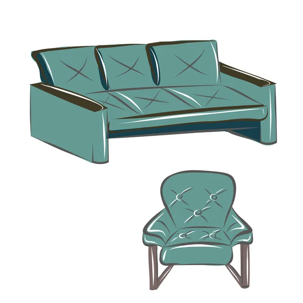 Conjunto Muebles Para Salón Dormitorio Sofá Sillón Esmeralda Interior Diseño — Vector de stock