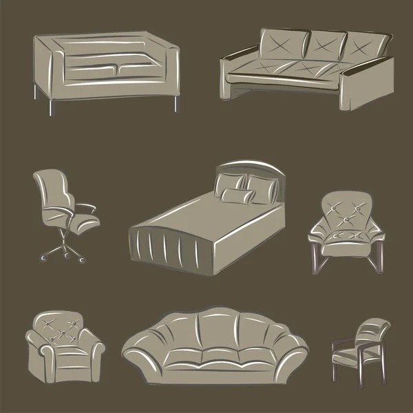 裸体家具 米黄色沙发 棕色软椅 办公椅 扶手椅 室内设计 家具套件 分离向量对象 — 图库矢量图片