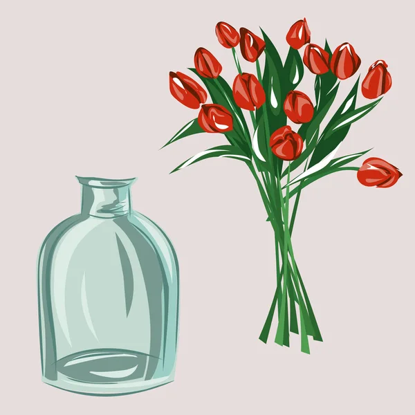 Tulipány Sklenici Nebo Hliněné Váze Dekorace Interiéru Rostlinami Domácí Pohodlí — Stockový vektor
