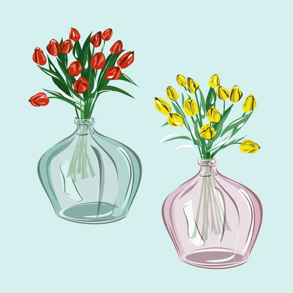 Zestaw Szklanych Wazonów Butelek Kwiatami Wystrój Wnętrz Domu Orchidee Tulipany — Wektor stockowy