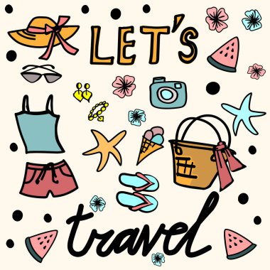  Plaj tatilleri, tatiller, yaz eğlenceleri. Yaz tatili konsepti güneş paneli, şemsiye, kamera, sahil sandaletleri, şapka, meyve ve deniz kabukları, yaz elementleri. İzole vektör nesneleri.