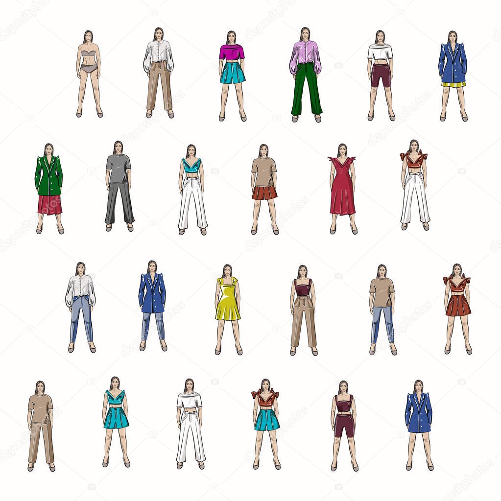 Girls in different looks from the basic wardrobe. Various fashionable options for combining clothing items. All clothes are separate. Clothing store, fashion, girls. Isolated vector objects.