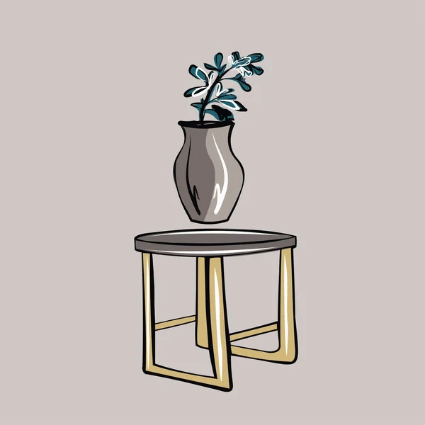 A small table and a clay vase with a flower in the apartment. Storage organization, minimalism. Room interior, furniture. Isolated vector object.