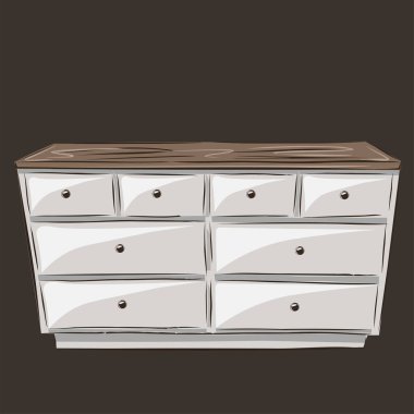 Tahta beyaz çekmece sandığı. Klasik mobilyalar. Konfor, iç tasarım, dairedeki depo organizasyonu. İzole vektör nesneleri.