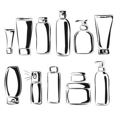 Paketler, şişeler, bakım için şişeler ve dekoratif kozmetik ürünler. Kozmetik dükkanı, güzellik salonu. Arka planda, şeffaf, çıplak, beyaz. İzole vektör nesneleri.