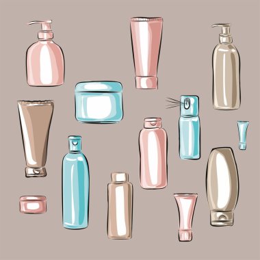 Paketler, şişeler, bakım için şişeler ve dekoratif kozmetik ürünler. Kozmetik dükkanı, güzellik salonu. Arka planda, şeffaf, çıplak, beyaz. İzole vektör nesneleri.