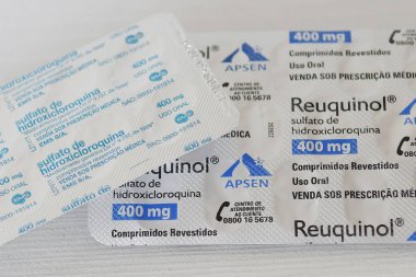 Rio de Janeiro, Brezilya, 23 Mayıs 2020. Hidroklorokin sülfat. Sağlık Bakanlığı dianostik hastaların Brezilya 'da koronavirüs tedavisi için hidrokloroksin sülfat ilacının kullanımını onayladı.