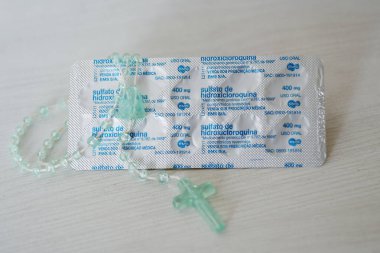 Rio de Janeiro, Brezilya, 23 Mayıs 2020. Hidroklorokin sülfat. Sağlık Bakanlığı dianostik hastaların Brezilya 'da koronavirüs tedavisi için hidrokloroksin sülfat ilacının kullanımını onayladı.