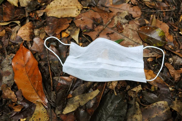 Disposable surgical mask to help prevent coronavirus, with the background of dry leaves from the forest.