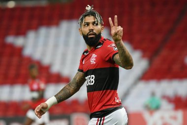 Rio de Janeiro, Brezilya, 15 Nisan 2021 Flamengo takımından futbolcu Gabriel Gabigol, Carioca şampiyonası için oynanan Flamengo x Vasco maçı sırasında Maracan Stadyumu 'nda.