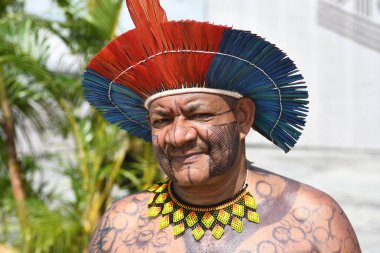 Belem, Brezilya, 12 Kasım 2025. COP30 sırasında Bahia 'nın güneyindeki Patax etnik grubundan yerli biri..