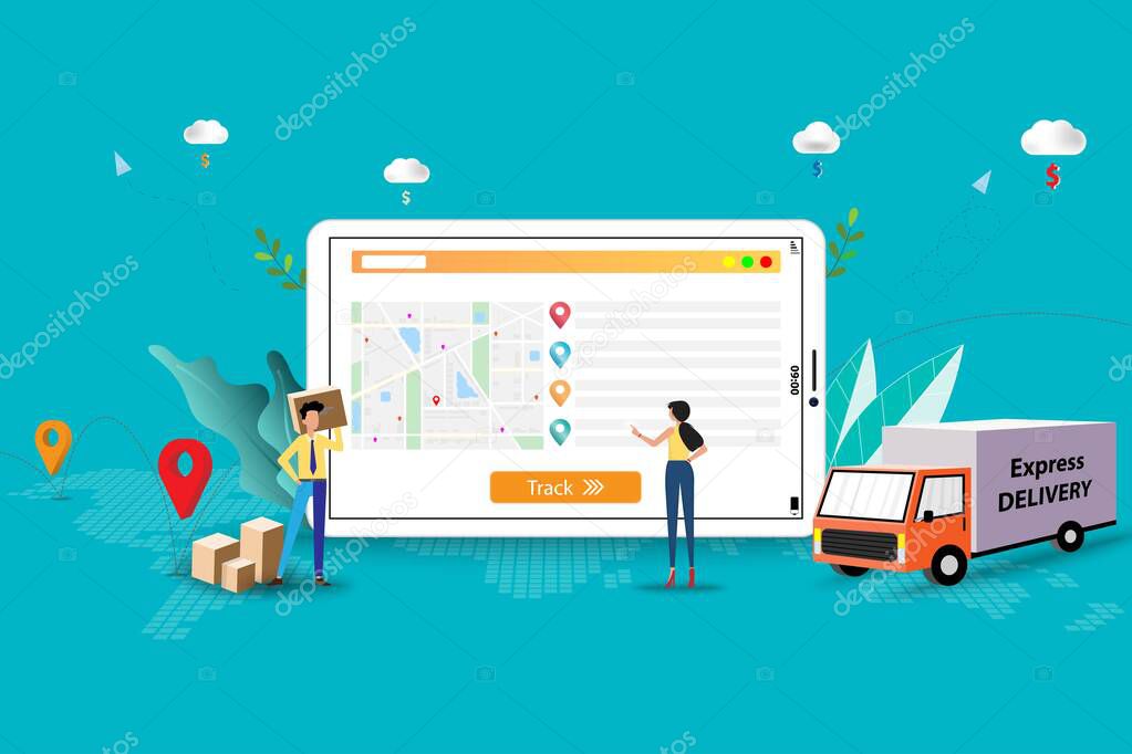 Concept of express delivery, business man and woman are discussing to track the shipment that shown on the screen of tablet to deliver the goods by van on time in green color background.