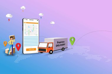 Hızlı teslimat kavramı, iş adamı nakliyatı kamyonla hazırlıyor ve nakliyatı cep telefonu uygulaması ile takip ediyor..