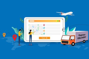 Ekspres teslimat kavramı, iş adamı ve kadın malların mavi arka planda müşterilere zamanında teslim edilmesi için tablet ekranında gösterilen sevkiyatı takip etmeyi tartışıyorlar..