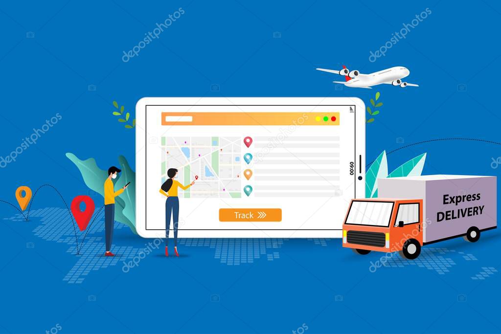 Concept of express delivery, business man and woman are discussing to track the shipment that shown on the screen of tablet to deliver the goods to customers on time in blue color background.