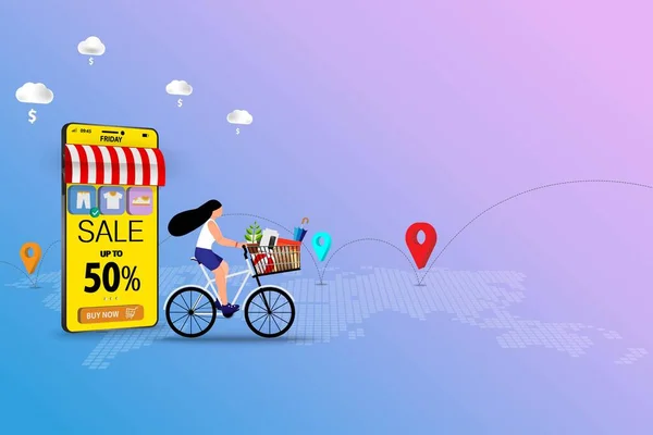在网上购物的概念下 年轻女性骑自行车到商店去拿已经在蓝色粉红相间背景的手机申请中订购的商品 — 图库矢量图片