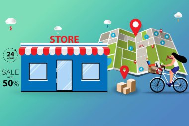 Çevrimdışı alışveriş konsepti, genç kadınlar mağazadan malları almak için bisiklet sürüyor. Haritanın arka planında ve tabela görünümünde..