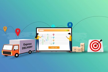 Teslimat takibi kavramı, lojistik departmanı personeli, malları müşteriye zamanında teslim etmek ve izlemek için büyük bir dizüstü bilgisayar ekranı önünde tartışıyorlar..