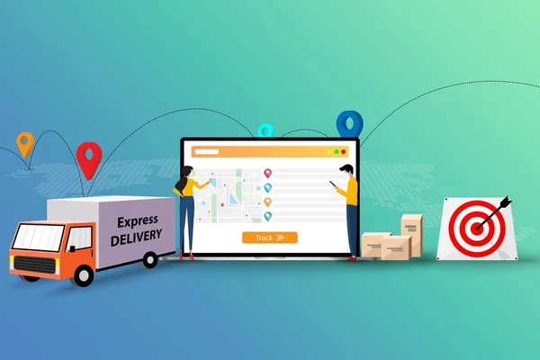Begreppet Leveransspårning Personal Logistikavdelningen Diskuterar Framför Stor Skärm Bärbar Dator — Stock vektor