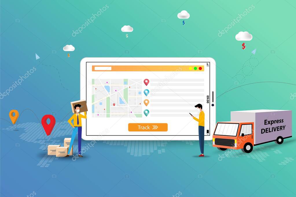 Business concept of delivery tracking, young man hold a smartphone to track the shipment and businessman hold a parcel to deliver the goods to customer in front of tablet that contain map and GPS.