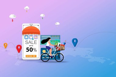 Çevrimiçi alışveriş kavramına göre, genç kadınlar mağazadaki ürünleri almak için ürün, indirim oranı, müşteri değerlendirmeleri ve eleştiriler içeren büyük bir akıllı telefonun önünde bisiklete biniyorlar..