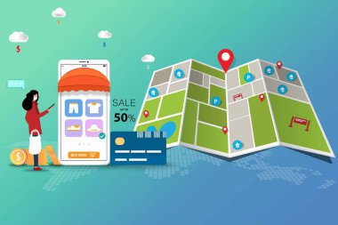 Çevrimiçi alışveriş kavramı, genç bir kadın tıbbi beyaz yüz maskesi takar ve elinde akıllı bir telefonla büyük bir harita ve tabela görünümünde yeni bir şapka sipariş eder..