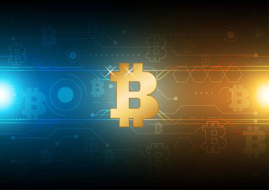 Altın bitcoin dijital kripto para birimi, gelecekteki dijital para, dünya çapında teknoloji ağ iletişim konsepti. Vektör illüstrasyonu.