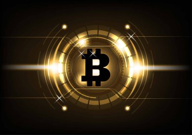 Altın ve siyah bitcoin dijital kripto para, fütüristik dijital para, dünya çapında teknoloji ağı konsepti. Vektör illüstrasyon tasarımı.