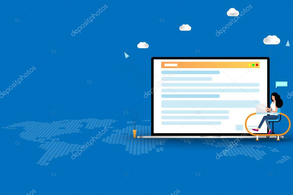 Online application concept, young woman is searching in the internet by using laptop to find a course to apply in the university and or job application after graduation in blue color background.