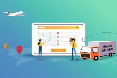 Teslimat hizmeti, işadamı ve kadın yüz maskesi takıyor ve harita ve GPS içeren tablet önündeki müşterilere mal teslimatı için sevkiyatı tartışıyor ve takip ediyor.