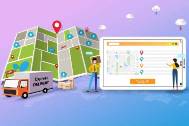 Teslimat hizmeti, işadamı ve kadın yüz maskesi takıyor ve harita ve GPS içeren tablet önündeki müşterilere mal teslimatı için sevkiyatı tartışıyor ve takip ediyor.