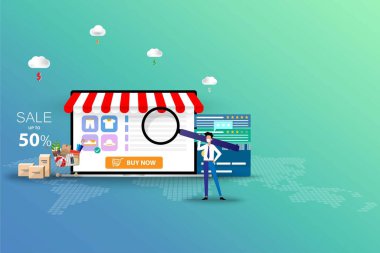 Çevrimiçi alışveriş kavramı, iş adamı beyaz bir maske takar ve elinde yeşil renkli yeni bir ayakkabı sipariş etmek için dizüstü bilgisayara odaklanmak üzere büyük bir büyüteç taşır..