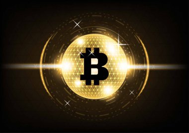Altın bitcoin dijital kripto para, gelecekteki dijital para, dünya çapında teknoloji ağı konsepti. Vektör illüstrasyonu.