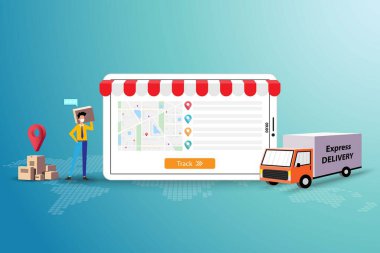 Ekspres teslimat hizmeti kavramı, işadamı tıbbi bir maske takıyor ve malları zamanında teslim etmek için büyük bir tablet ekranının yanında duruyor..