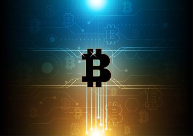 Altın ve siyah bitcoin dijital kripto para, fütürist dijital para, teknoloji devre ağı konsepti. Vektör illüstrasyon tasarımı.