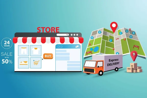 Concetto Shopping Online Offline Camion Pronto Consegnare Merce Dal Negozio — Vettoriale Stock