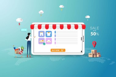 Çevrimiçi alışveriş kavramı, genç bir kadın tıbbi bir maske takıyor ve yeşil renkli yeni bir ayakkabı sipariş etmek için büyük bir tablet ekranına dokunuyor..