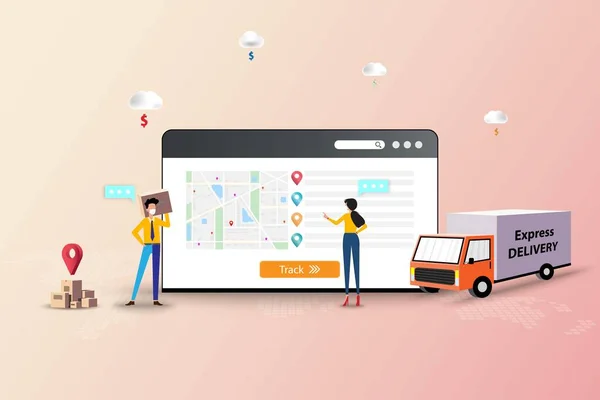 配達追跡 ビジネスマンや女性のビジネスコンセプトは 出荷を追跡し 時間通りに顧客に商品を提供するために地図やGpsを含むWebブラウザ上の出荷を追跡するために取り組んでいます — ストックベクタ