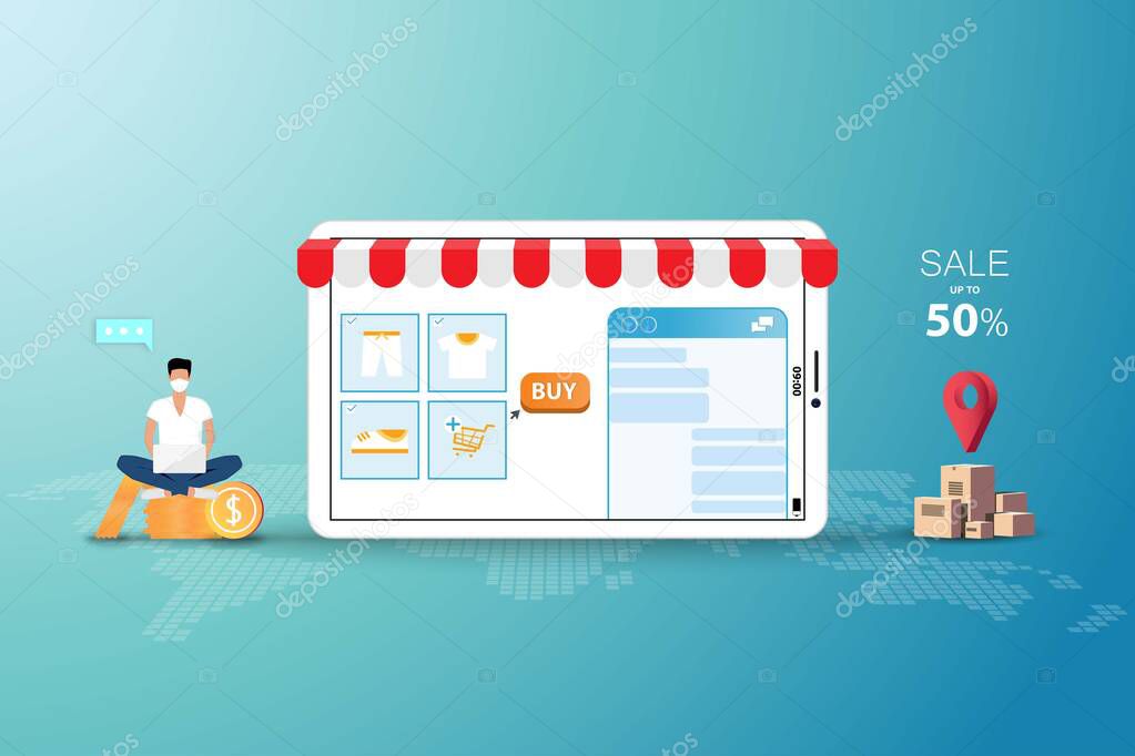 Concept of online shopping, young man wear a face mask and sit on top of coin stack to assist the customer to order the goods from the application on mobile phone or tablet in green color background.
