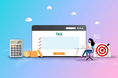 İş konsepti olan çevrimiçi vergi, muhasebeci tıbbi yüz maskesi takıyor ve büyük bir web tarayıcı ekranında vergi listesini kontrol etmek ve bu fiziksel yılın hesaplarını yapmak için bilgisayarla çalışıyor..