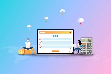 İş dünyası vergisi konsepti, işadamı ve kadın sağlık maskesi takıyor ve vergi listesini kontrol etmek ve bu fiziksel yılın hesaplarını yapmak için dizüstü bilgisayar üzerinde çalışıyor.