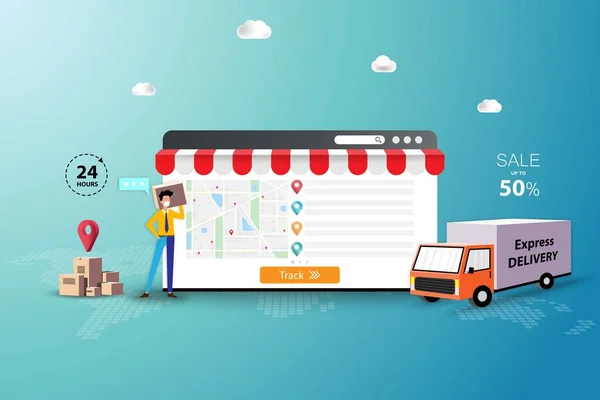 Ekspres teslimat kavramı, işadamı malları kamyonla müşterilere ulaştırmak ve web tarayıcısında gösterilen sevkiyatı izlemek için sevkiyatı hazırlıyor..