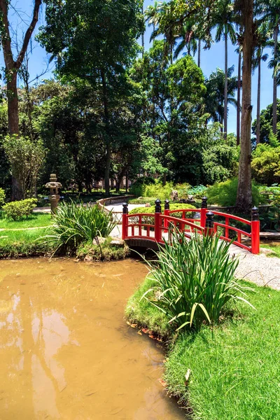 RIO DE JANEIRO. Red bridge in the Japanese garden in the Botanical garden of Rio de Janeiro, Brazil.