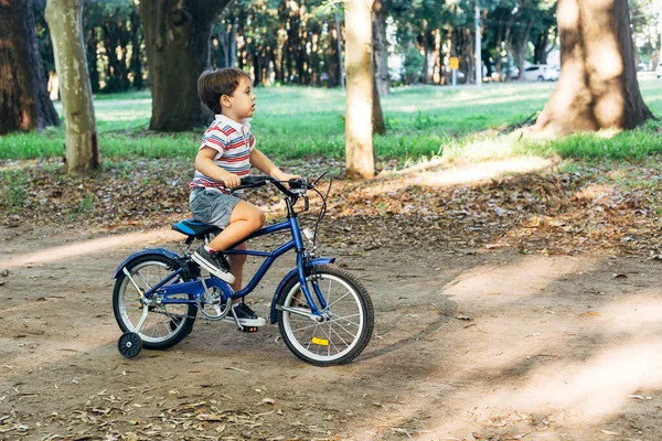 小さな男の子が森公園の汚い道路で青い自転車に乗っている トレーニングホイール付き自転車 概念に乗ることを学ぶ — ストック写真