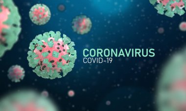 Coronavirus, Covid-19, 3 boyutlu resim çizimi, yüzen virüs hücrelerinin mikroskobik görüntüsü. Grip, 2019-Ncov gribi. Salgın, korona virüsü salgını virüs enfeksiyonu kavramı.