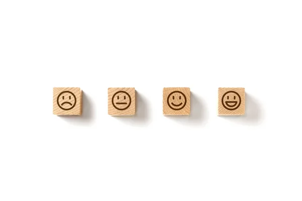 Emoticon Faces Wooden Blocks White Background Service Evaluation Satisfaction Survey — Stock Photo, Image