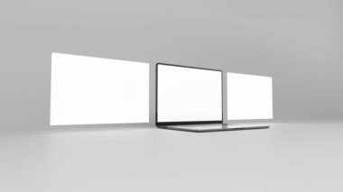 Üç dizüstü bilgisayar ekranı, ortada bilgisayar. Perspektifte yüzen görüntüler. Web sayfası tasarımınız, gönderileriniz ve atlıkarıncalarınız için boş şablon. Model için hazır. 3B Hazırlama Yüksek Çözünürlük 4k.