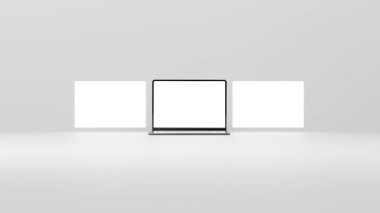 Bakış açısını üç dizüstü bilgisayara yakınlaştır. Web sayfası tasarımınız, gönderileriniz ve atlıkarıncalarınız için boş şablon. Model için hazır. 3B Hazırlama Yüksek Çözünürlüklü 8k.